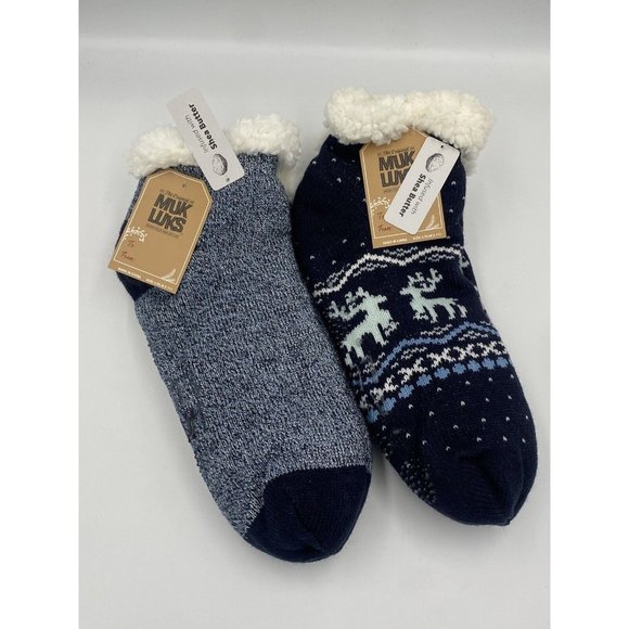 Lot Of 2 Muk‎ Luks Lined Fuzzy Grip Shea Butter Infused Socks Blue L/XL New - Picture 1 of 4